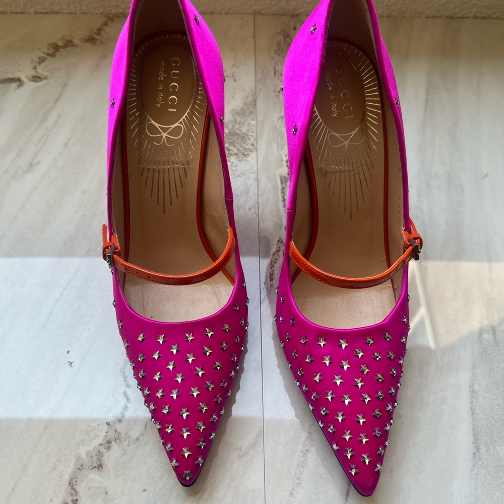 Gucci Jodie Pink Fuchsia Star crystal embellished Heels with Tangerine Strap - Picture 4 of 14